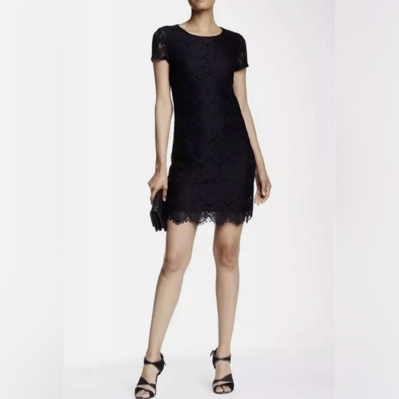Laundry by Shelli Segal Lace Short Sleeve Scallop Hem Shift Dress Size 8 Black - Picture 1 of 10